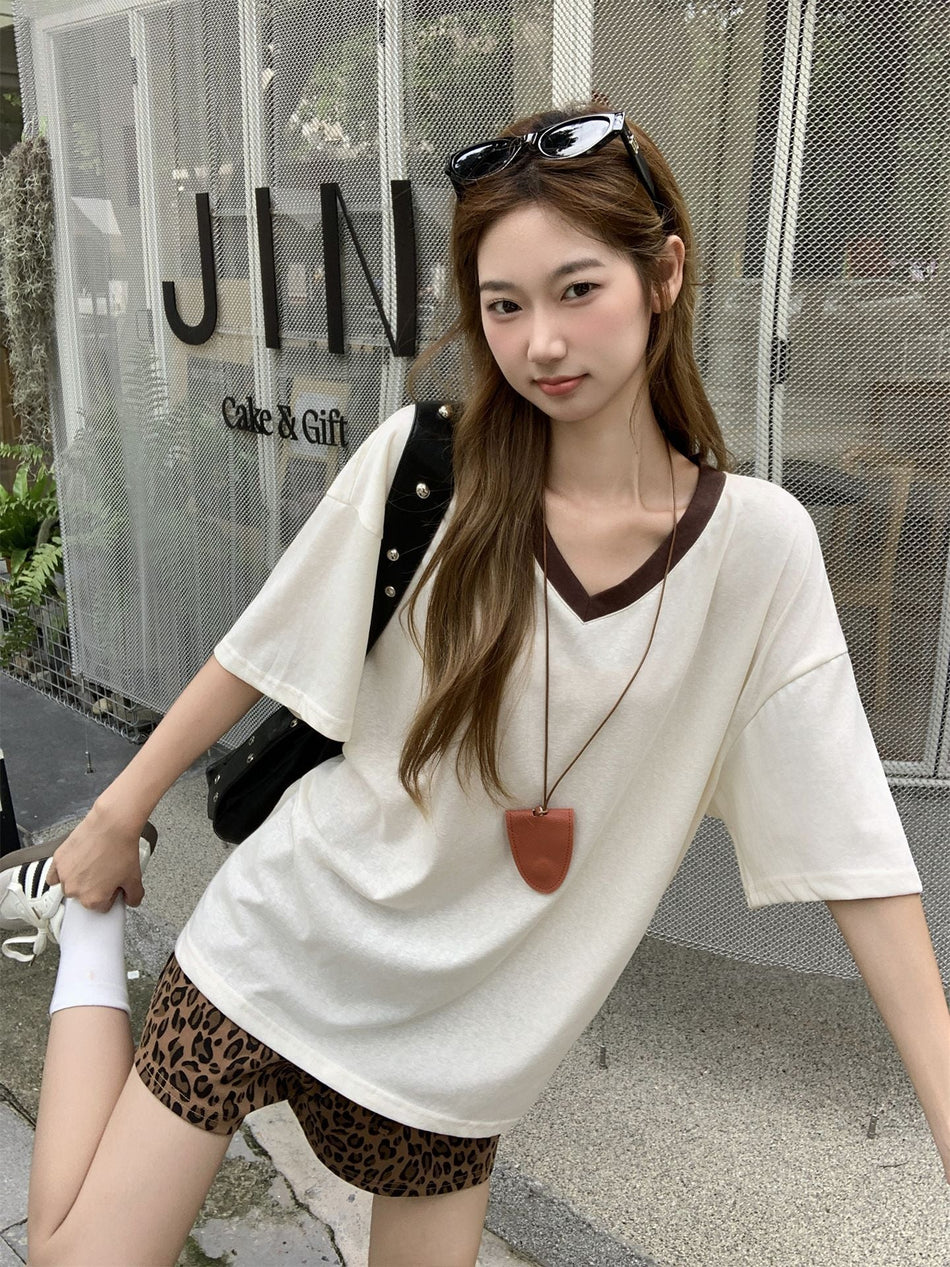 Korean V-Neck Color Block Women Summer T-Shirt