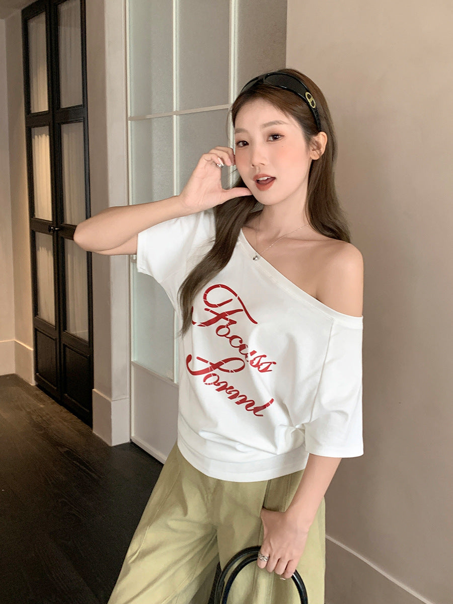 Off Shoulder Letter Print Women Summer T-Shirt