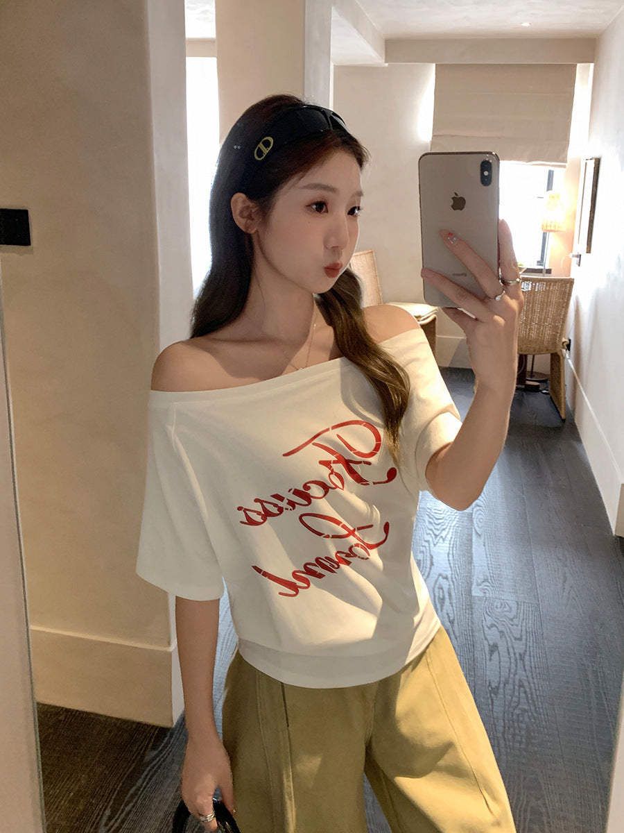 Off Shoulder Letter Print Women Summer T-Shirt