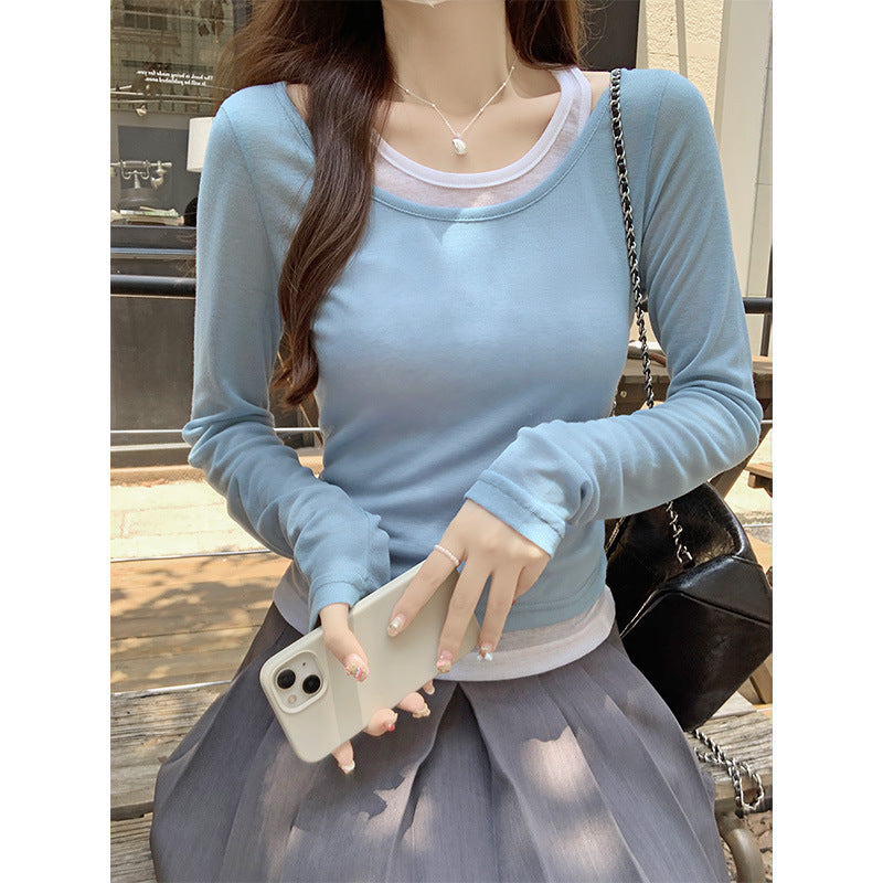 Light Blue Two Piece Women Slim Fit Spring Top