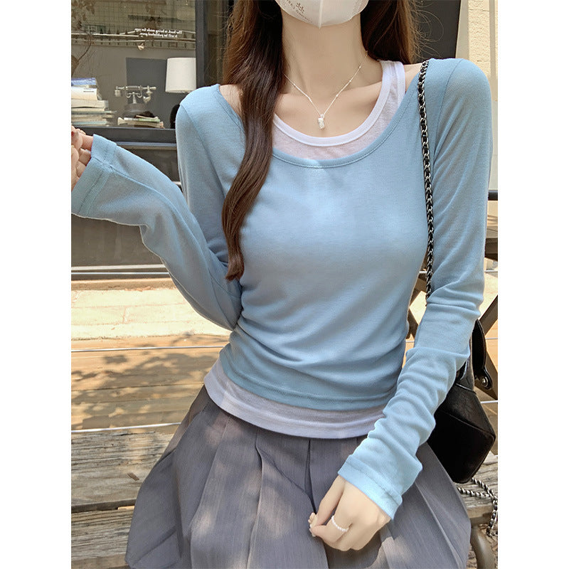 Light Blue Two Piece Women Slim Fit Spring Top