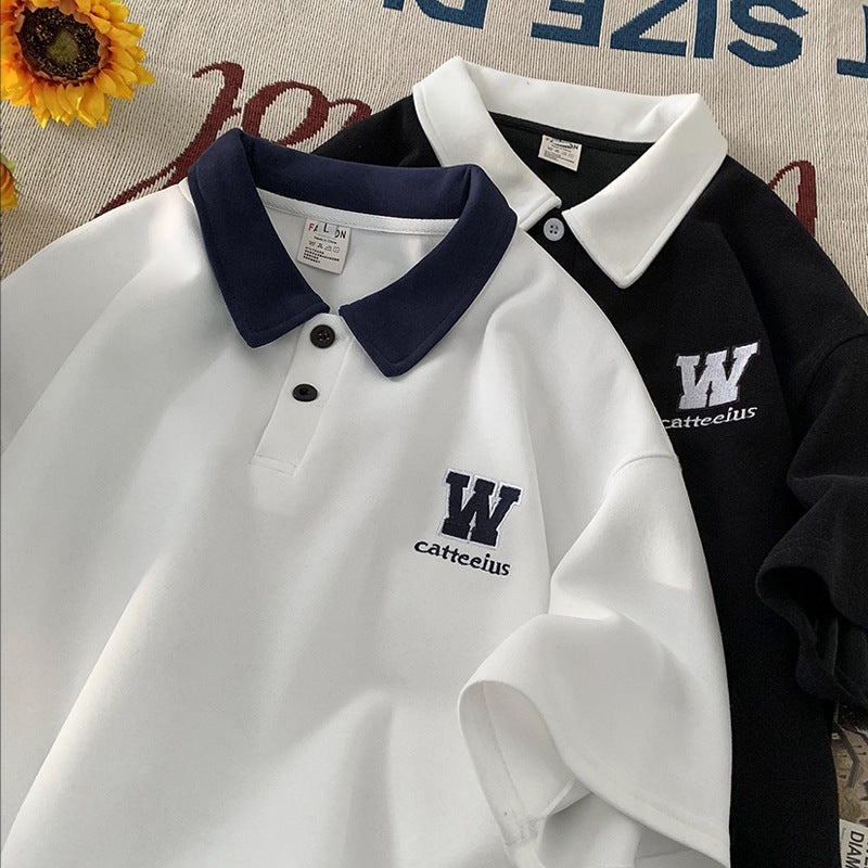 Men’s Embroidered Preppy Polo Shirt Contrast Casual