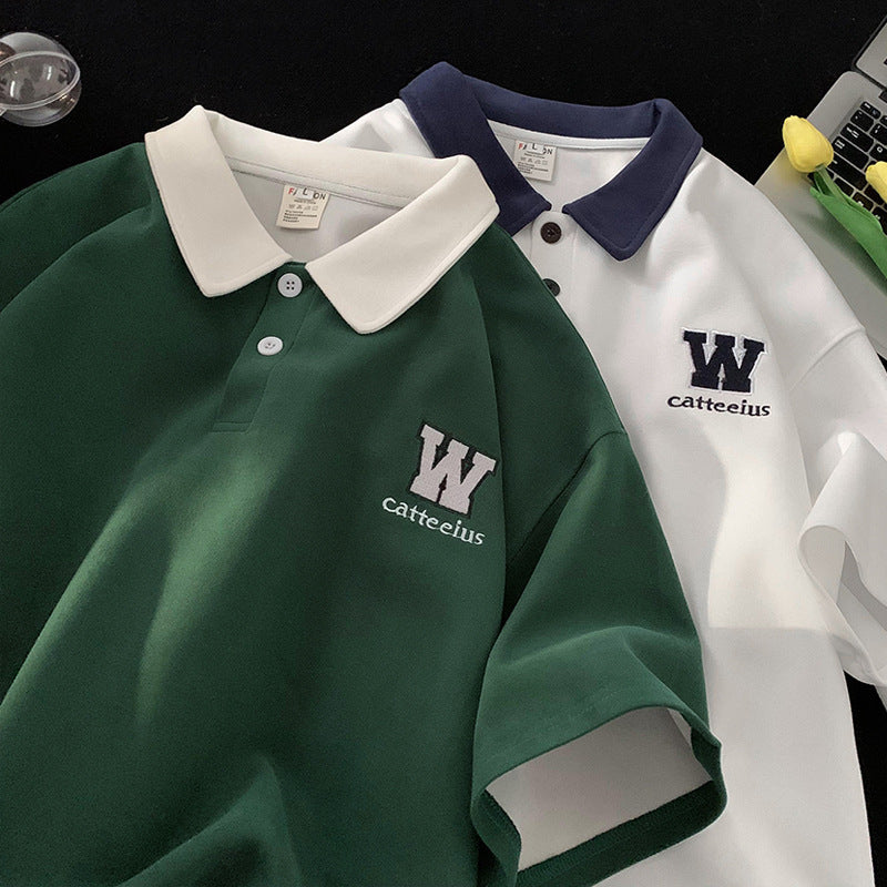 Men’s Embroidered Preppy Polo Shirt Contrast Casual
