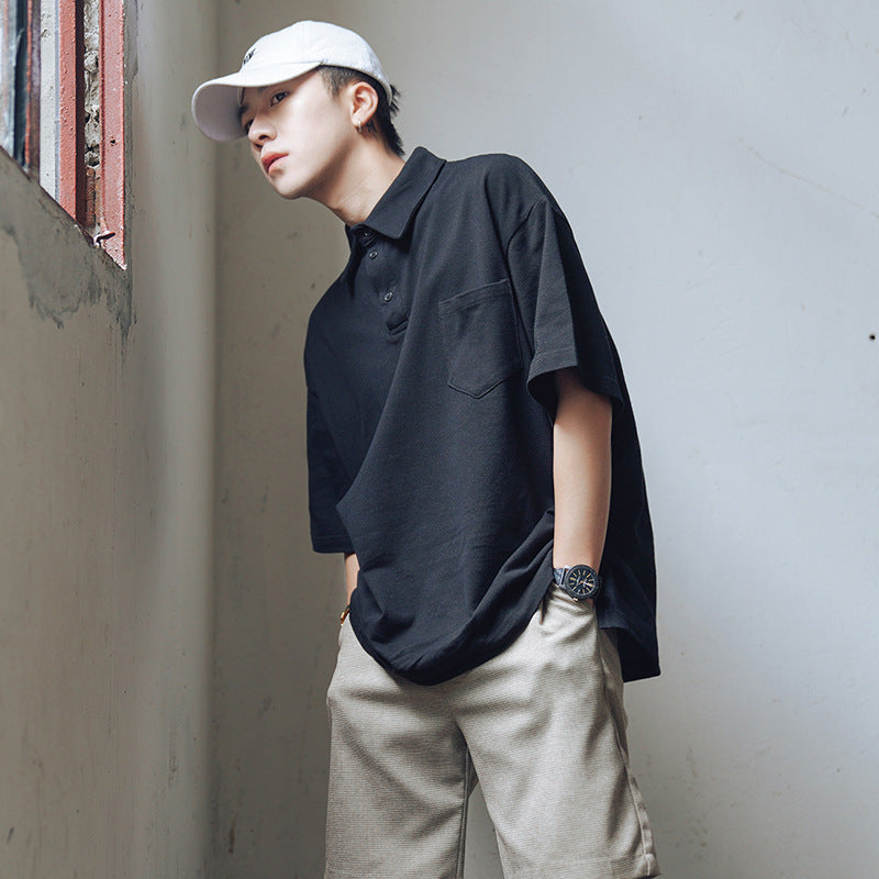 Men’s Solid Color Polo Shirt Casual Summer Loose Fit