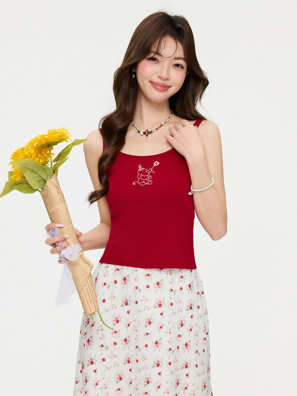 Red Slim Fit Embroidered Camisole Women 2026 Summer