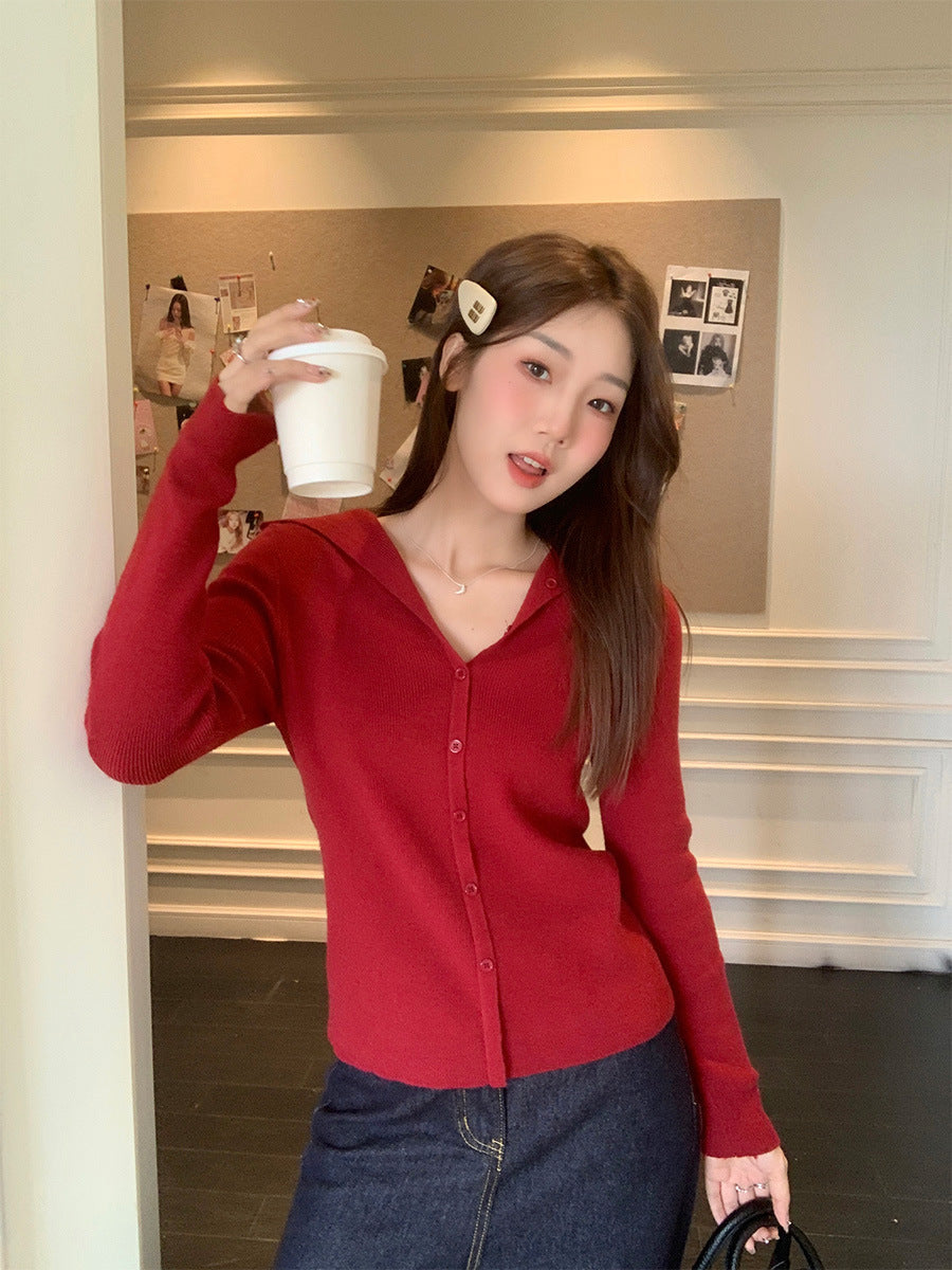 Red V-Neck Knit Cardigan Jacket Women 2026 Spring