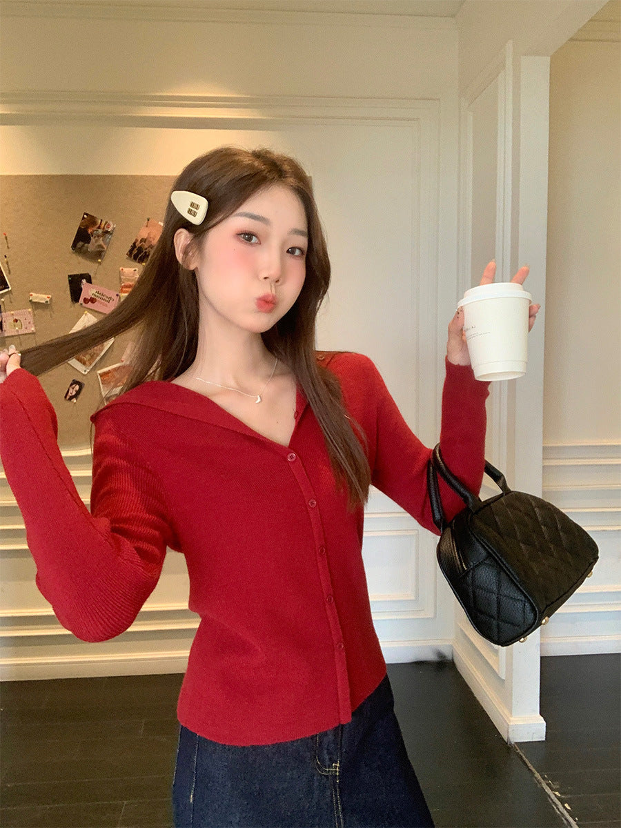 Red V-Neck Knit Cardigan Jacket Women 2026 Spring