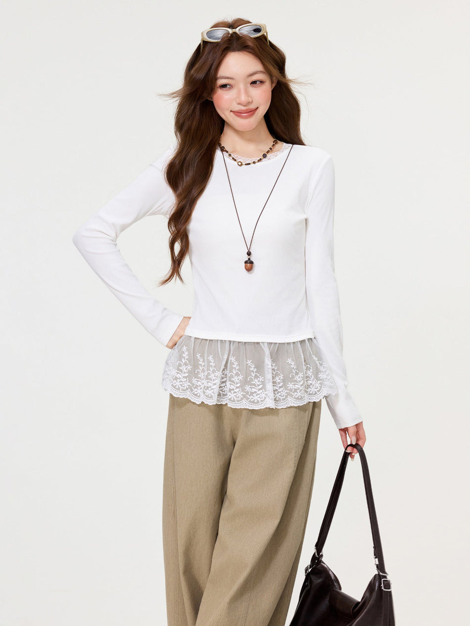 White Lace Stitching Slim Long Sleeve Top Women 2026