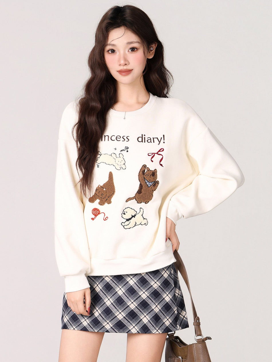 Cartoon Embroidered Velvet Sweatshirt Women 2026 Winter