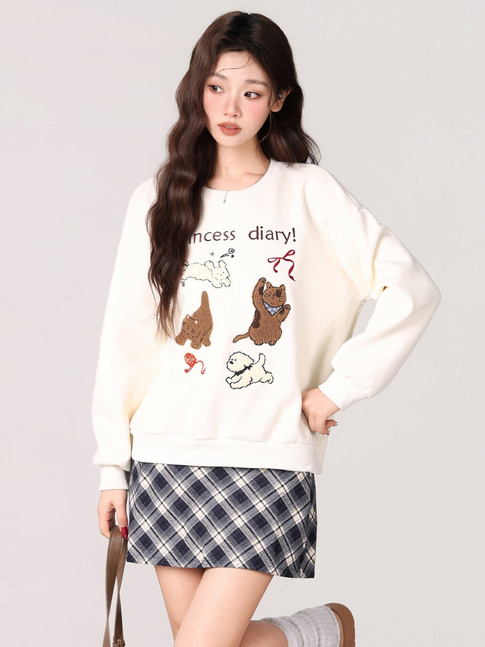 Cartoon Embroidered Velvet Sweatshirt Women 2026 Winter