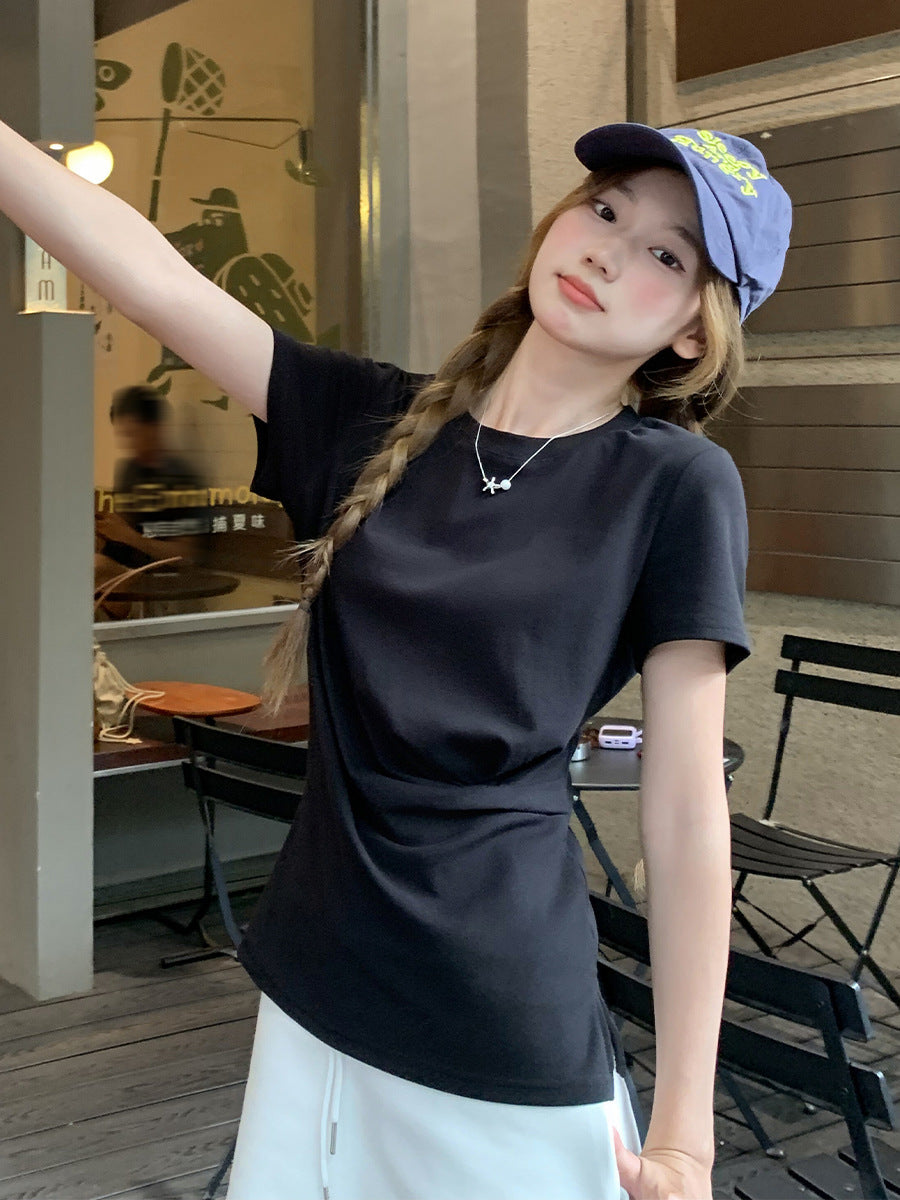 Black Pleated Loose T-Shirt Women 2026 Summer Korean Style