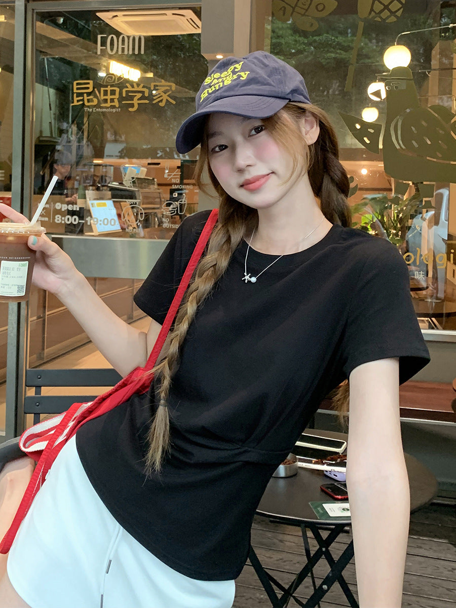 Black Pleated Loose T-Shirt Women 2026 Summer Korean Style