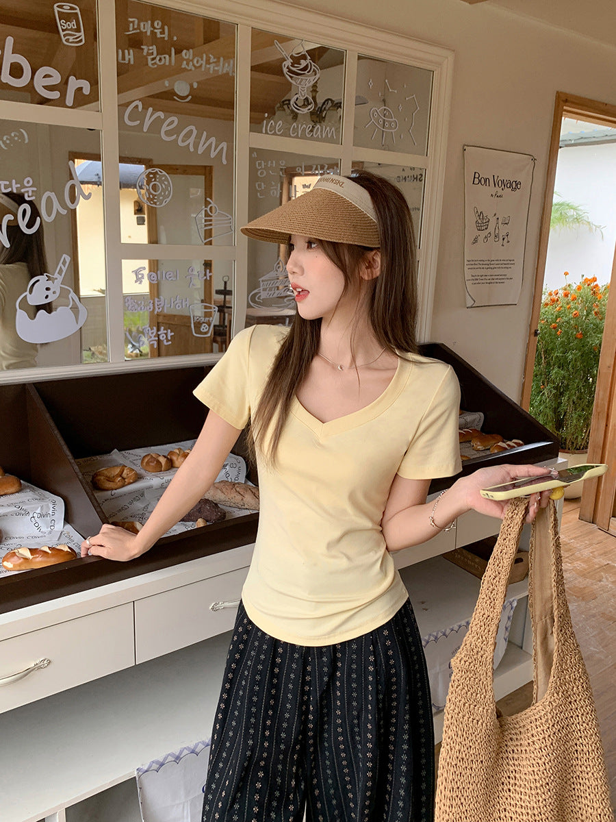 Yellow V-Neck Chic T-Shirt Women 2026 Summer Korean Style