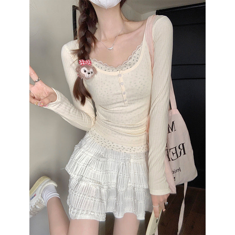 Apricot Lace Slim Fit Long Sleeve T-Shirt