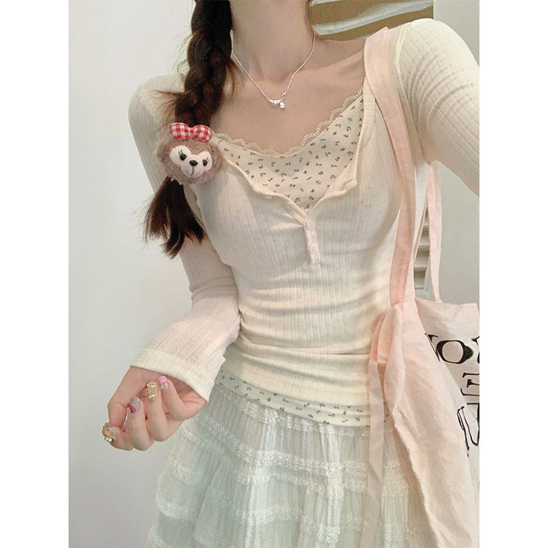 Apricot Lace Slim Fit Long Sleeve T-Shirt