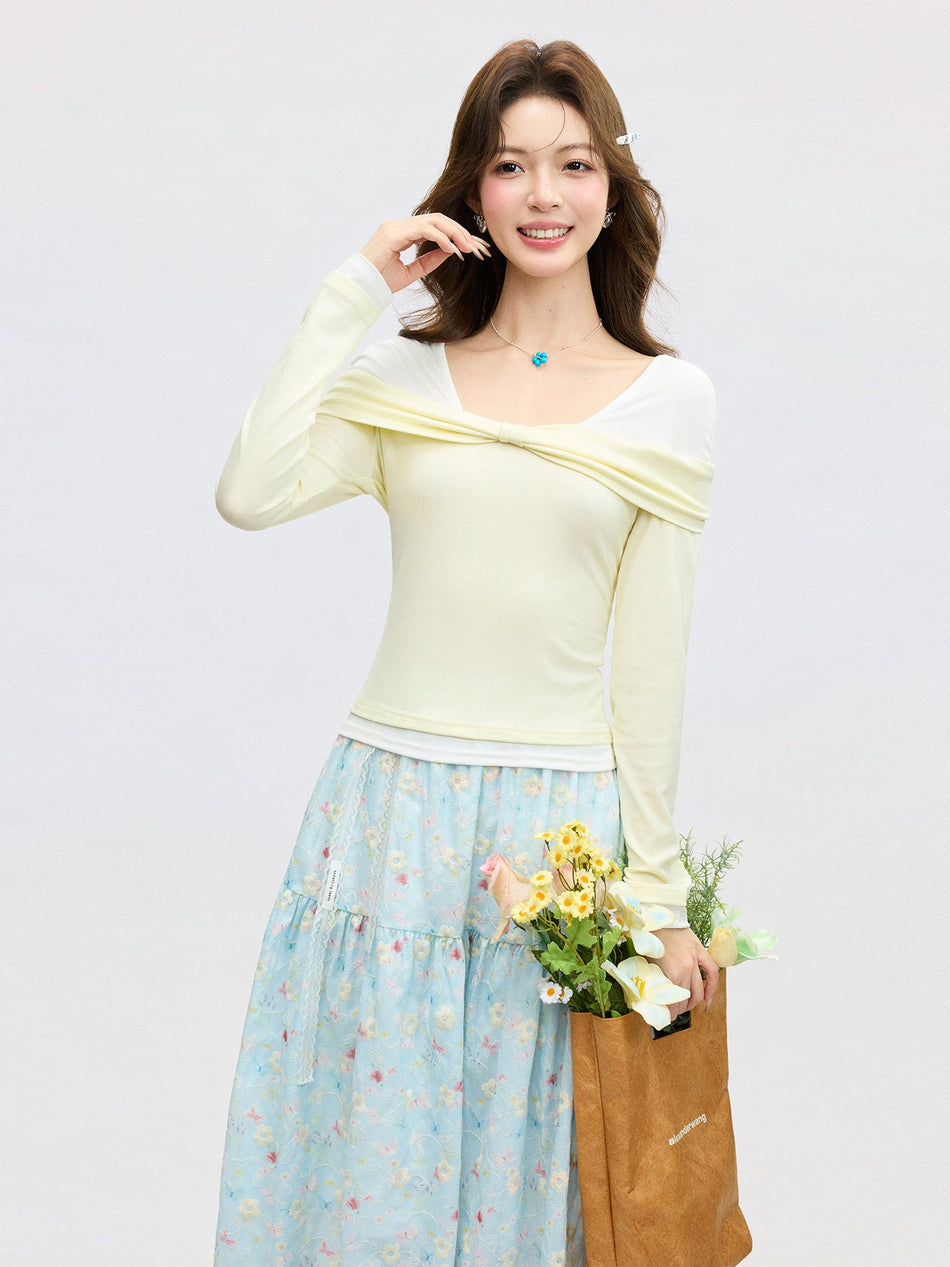 Yellow V-Neck Two-Piece Slim Fit Long Sleeve T-Shirt
