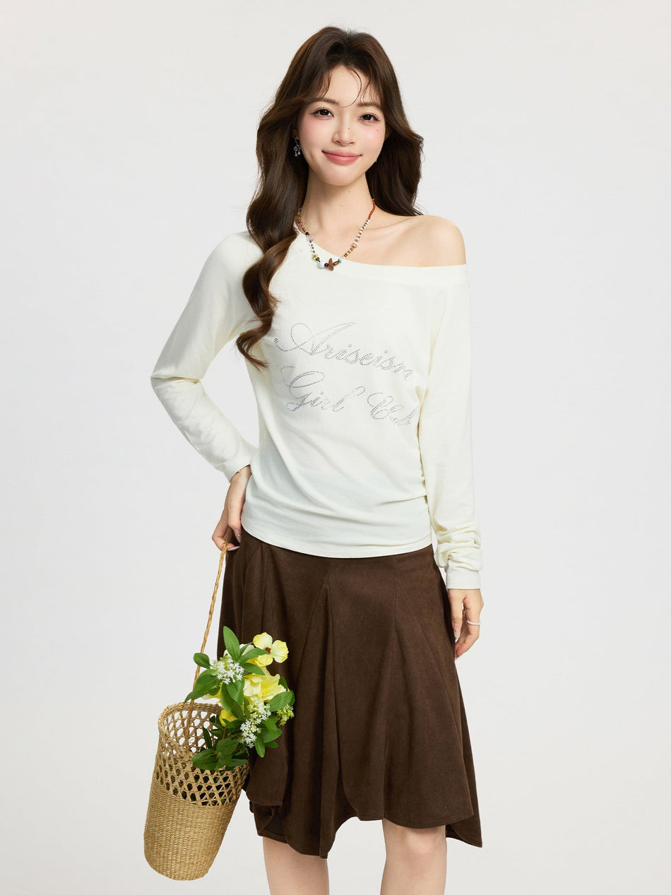 Rhinestone Shoulder Loose Fit Long Sleeve T-Shirt