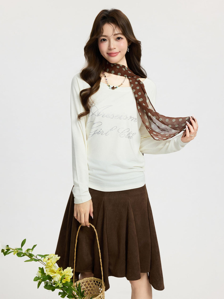 Rhinestone Shoulder Loose Fit Long Sleeve T-Shirt