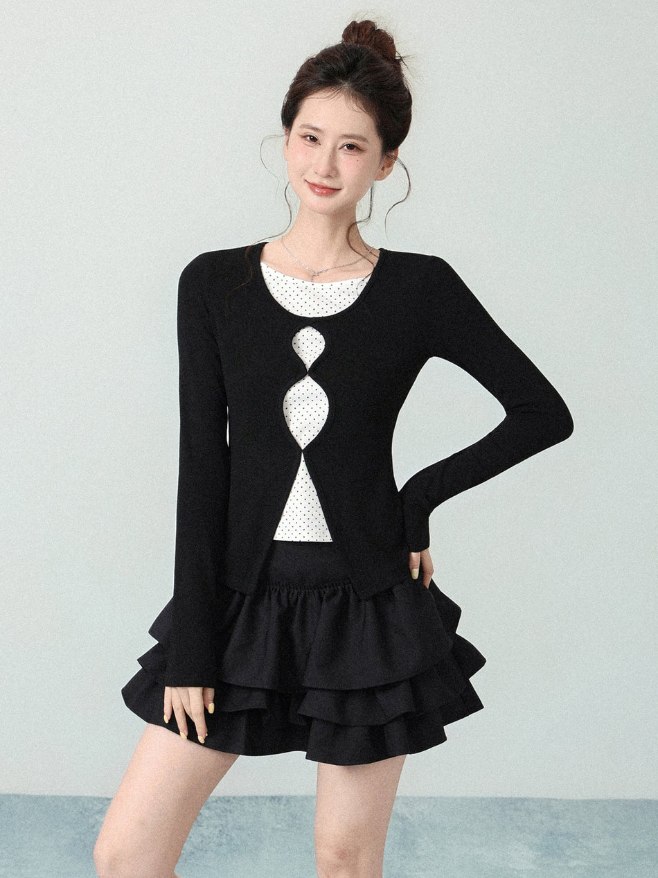 Polka Dot Fake Two-Piece Round Neck T-Shirt Women