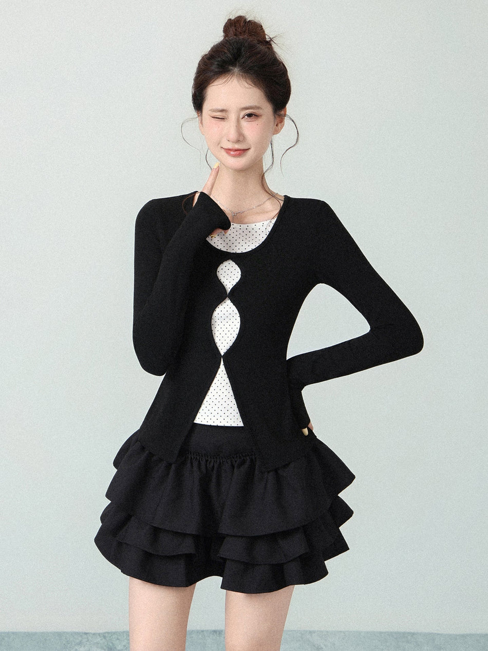 Polka Dot Fake Two-Piece Round Neck T-Shirt Women