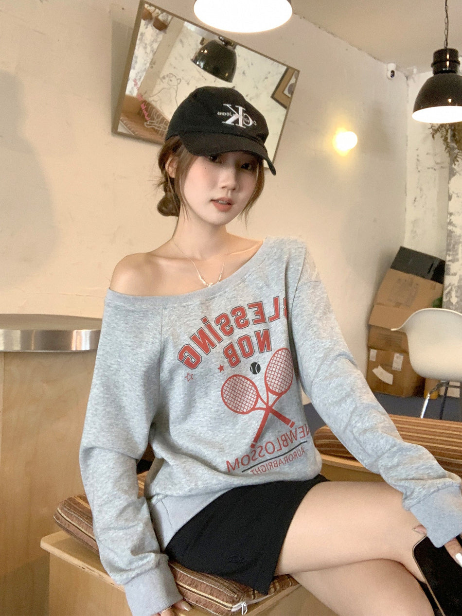 Gray Off-Shoulder Letter Print Sweatshirt Women