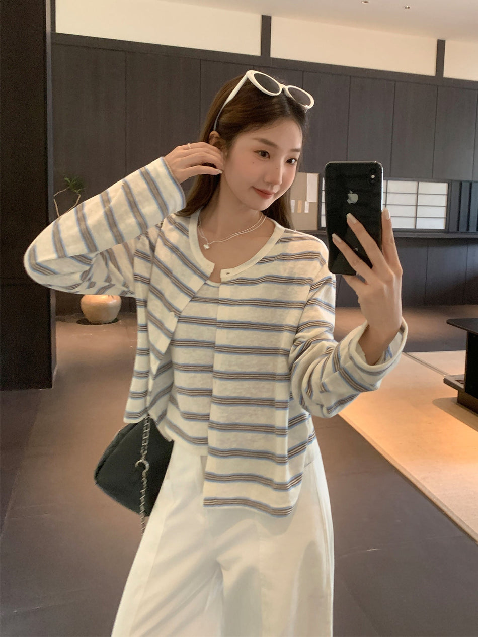 Blue White Striped Knit Cardigan Women Loose Fit