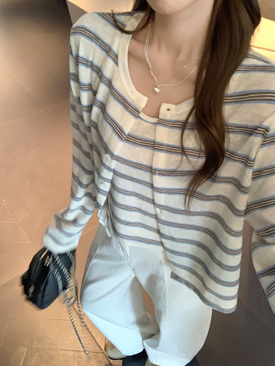 Blue White Striped Knit Cardigan Women Loose Fit