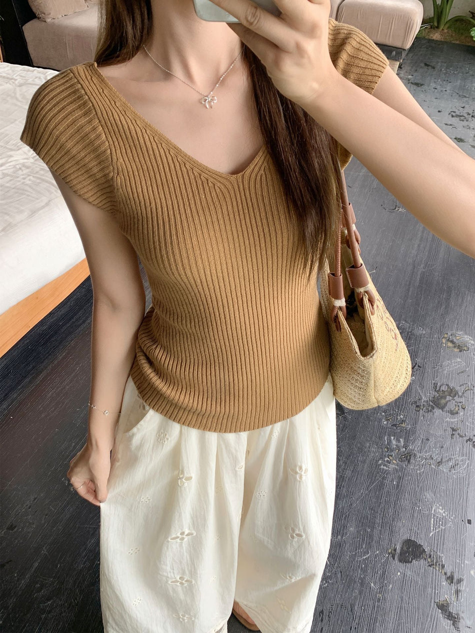 V Neck Right Shoulder Slim Fit Knit T-Shirt Women