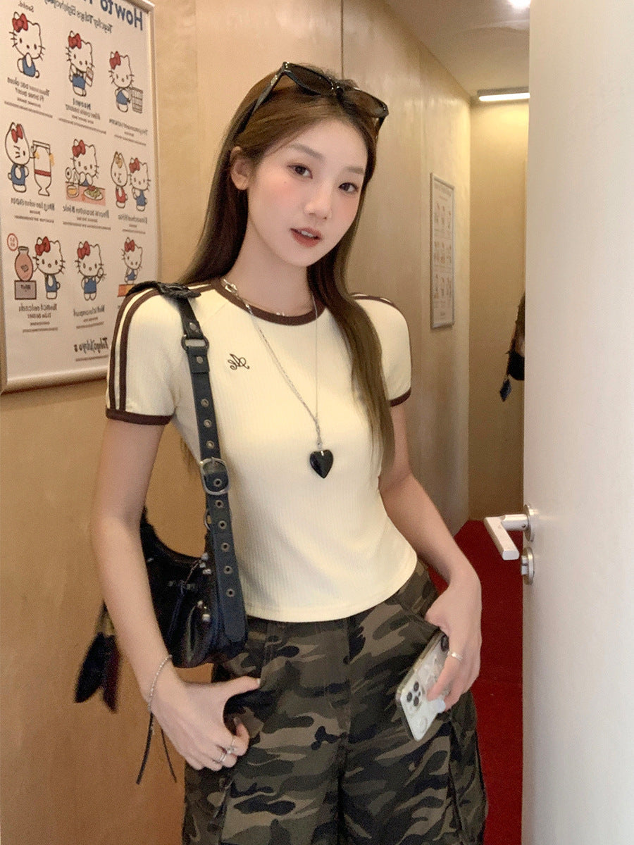 Striped Contrast Slim Fit Short Sleeve T-Shirt Women