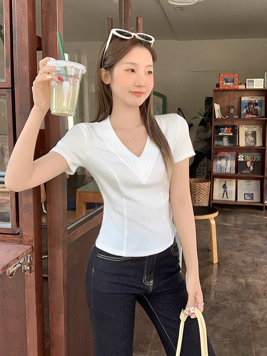 White V-Neck Fishbone Slim Fit Short Sleeve T-Shirt Women