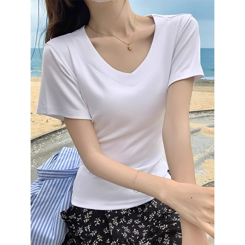 White Off-Shoulder Slim Fit Short Sleeve T-Shirt Women