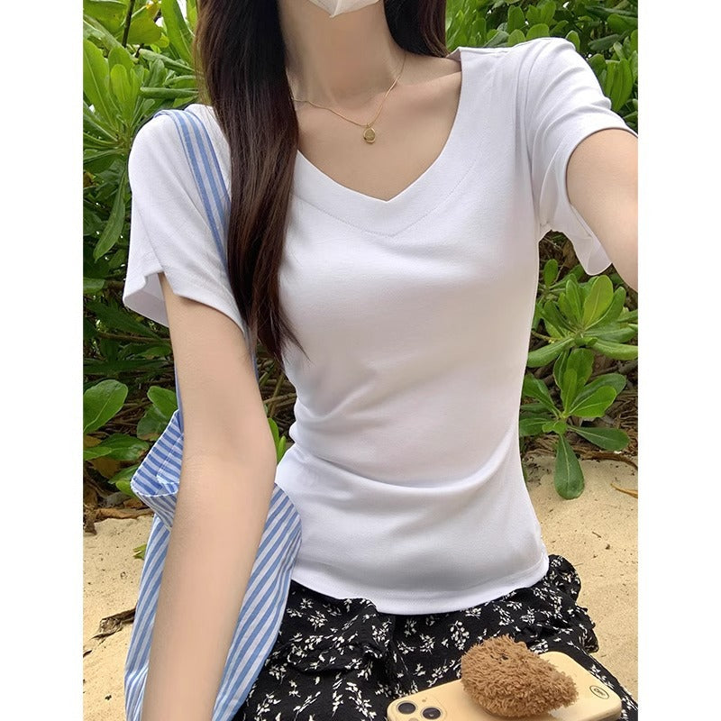 White Off-Shoulder Slim Fit Short Sleeve T-Shirt Women