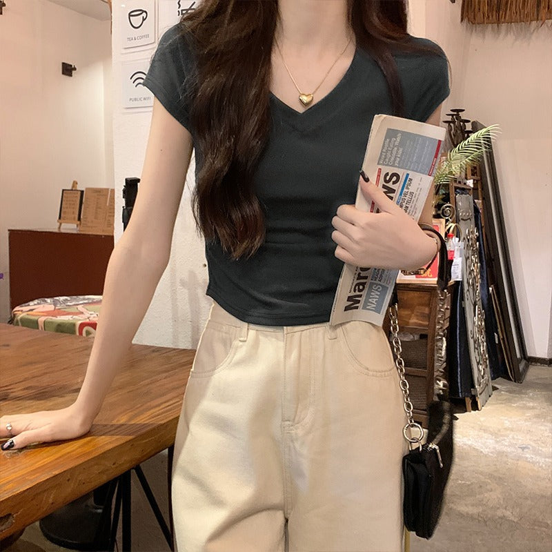 Joker V-Neck Irregular Slim Fit Cotton T-Shirt Women