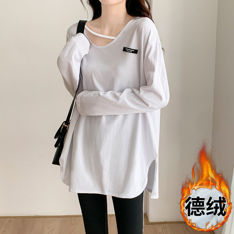 White Cotton Velvet Slim Fit Long Sleeve T-Shirt Women
