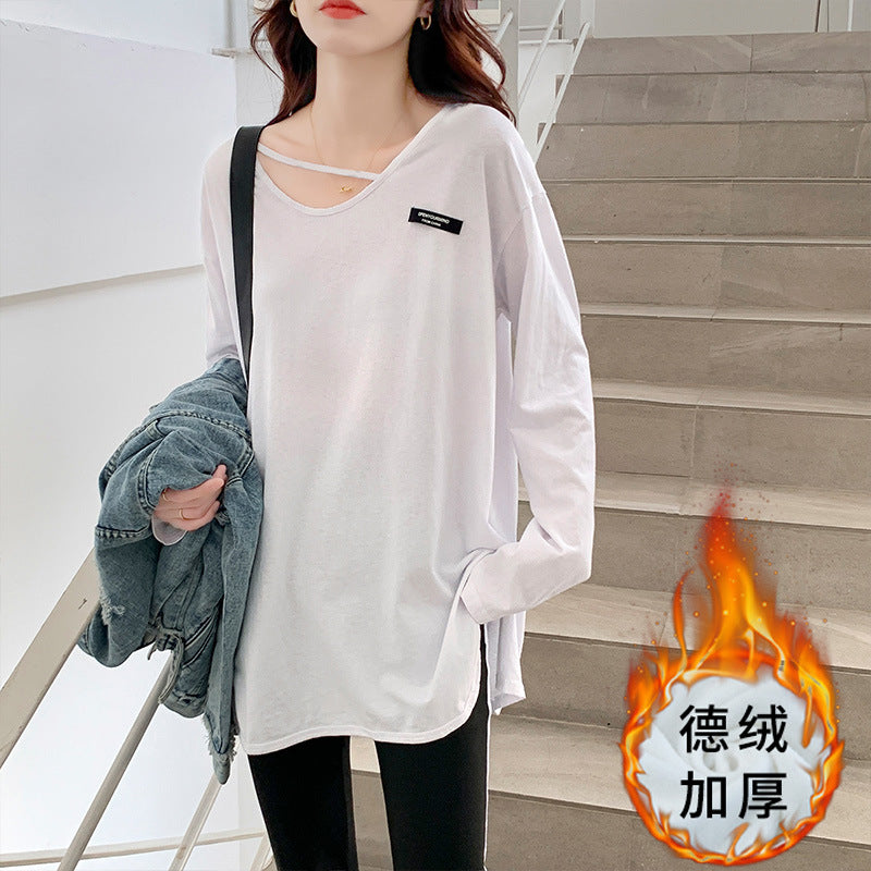White Cotton Velvet Slim Fit Long Sleeve T-Shirt Women
