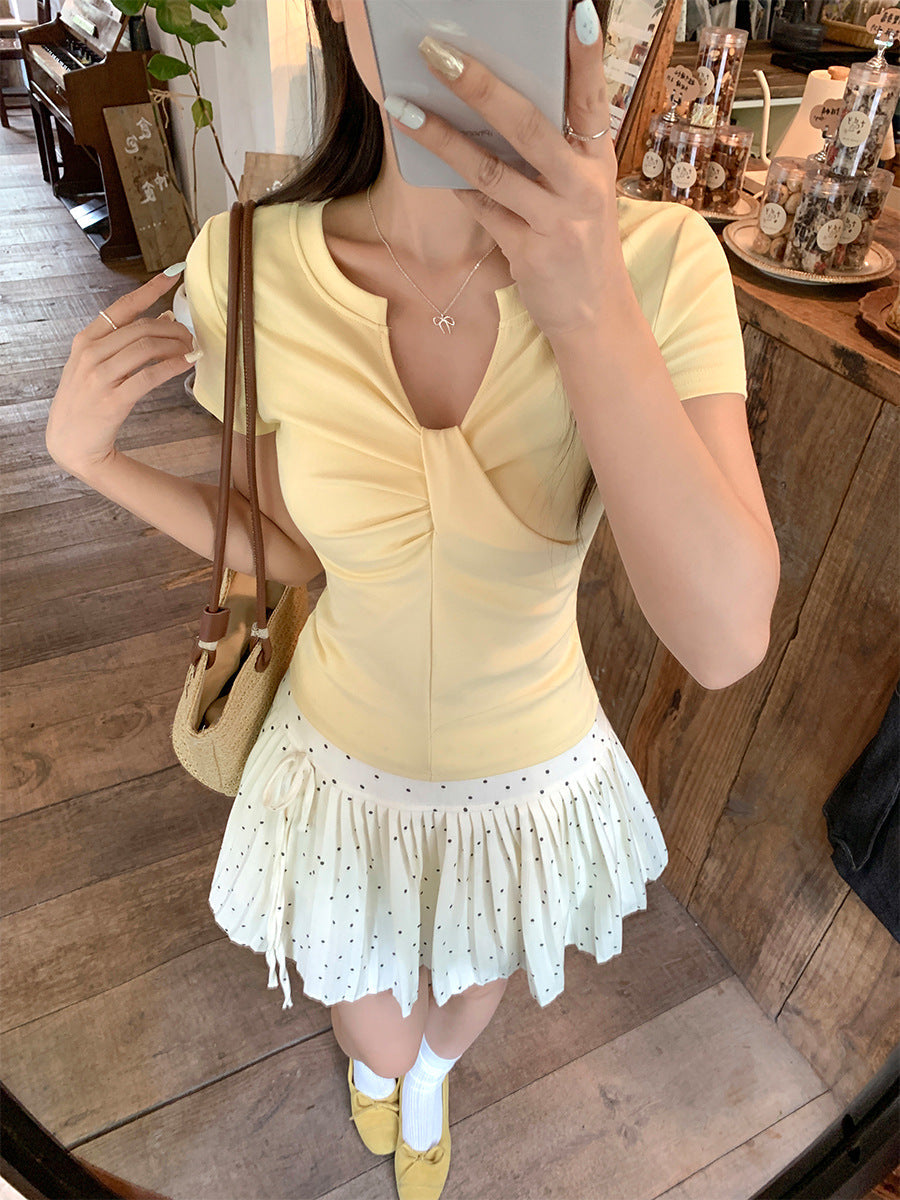 Yellow V-Neck Asymmetrical Short Sleeve T-Shirt Women