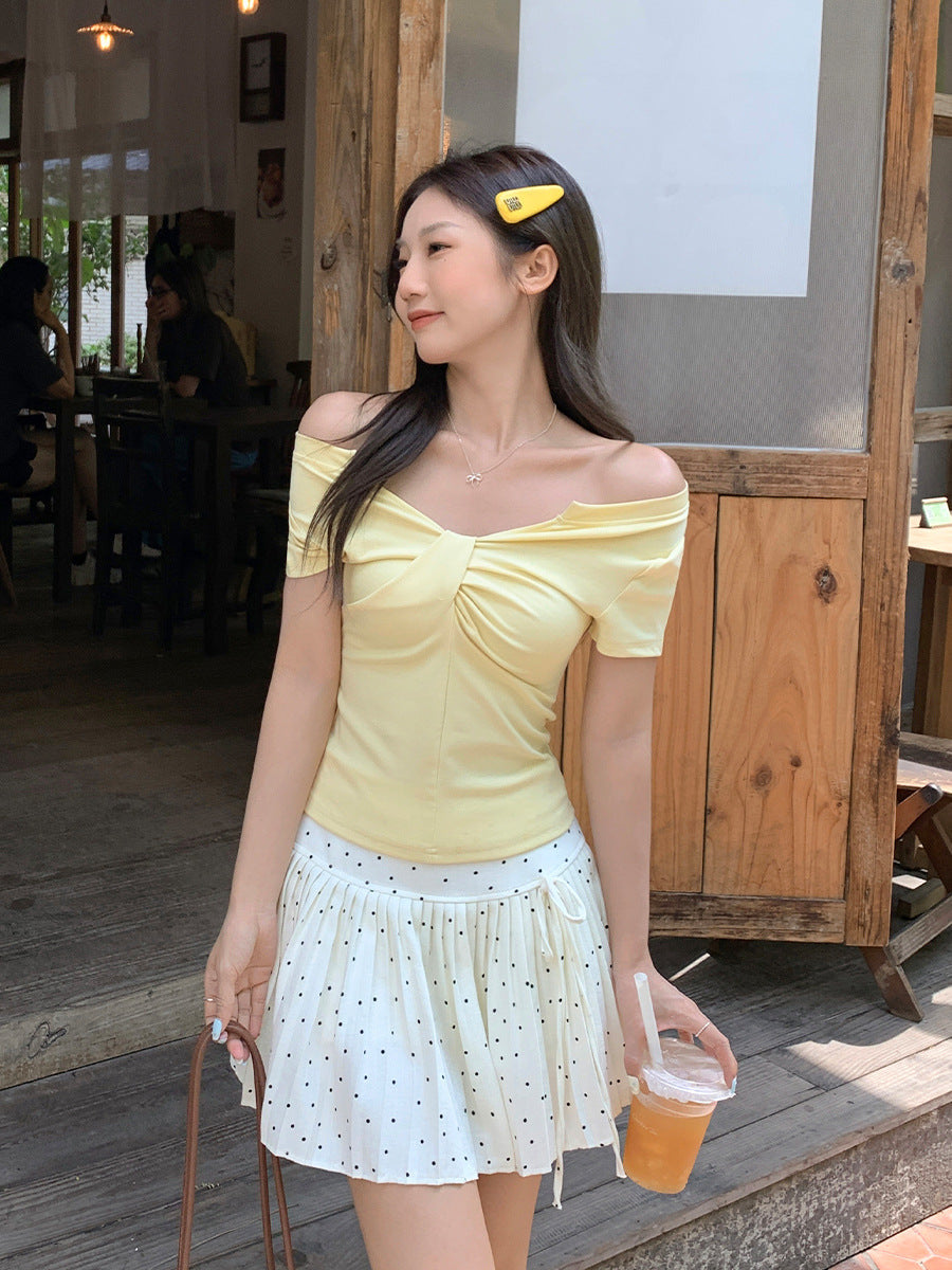 Yellow V-Neck Asymmetrical Short Sleeve T-Shirt Women