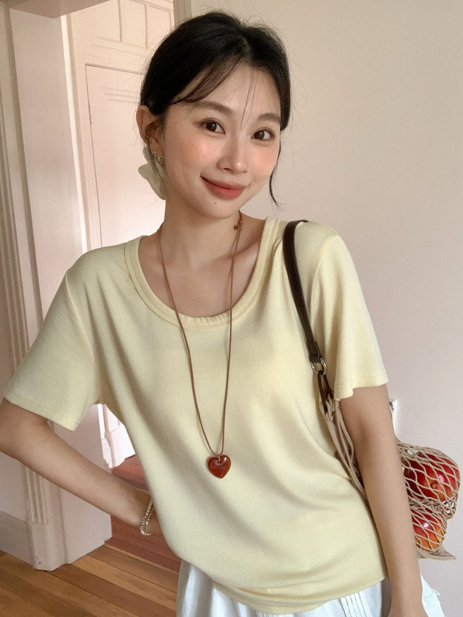 Korean U-Neck Loose Fit Short Sleeve T-Shirt Women
