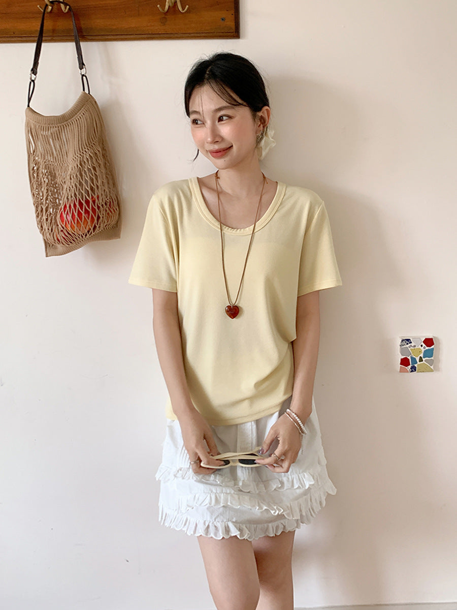 Korean U-Neck Loose Fit Short Sleeve T-Shirt Women