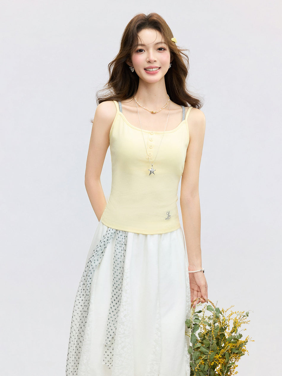 Korean Style Yellow Embroidery Camisole Top Slim Women