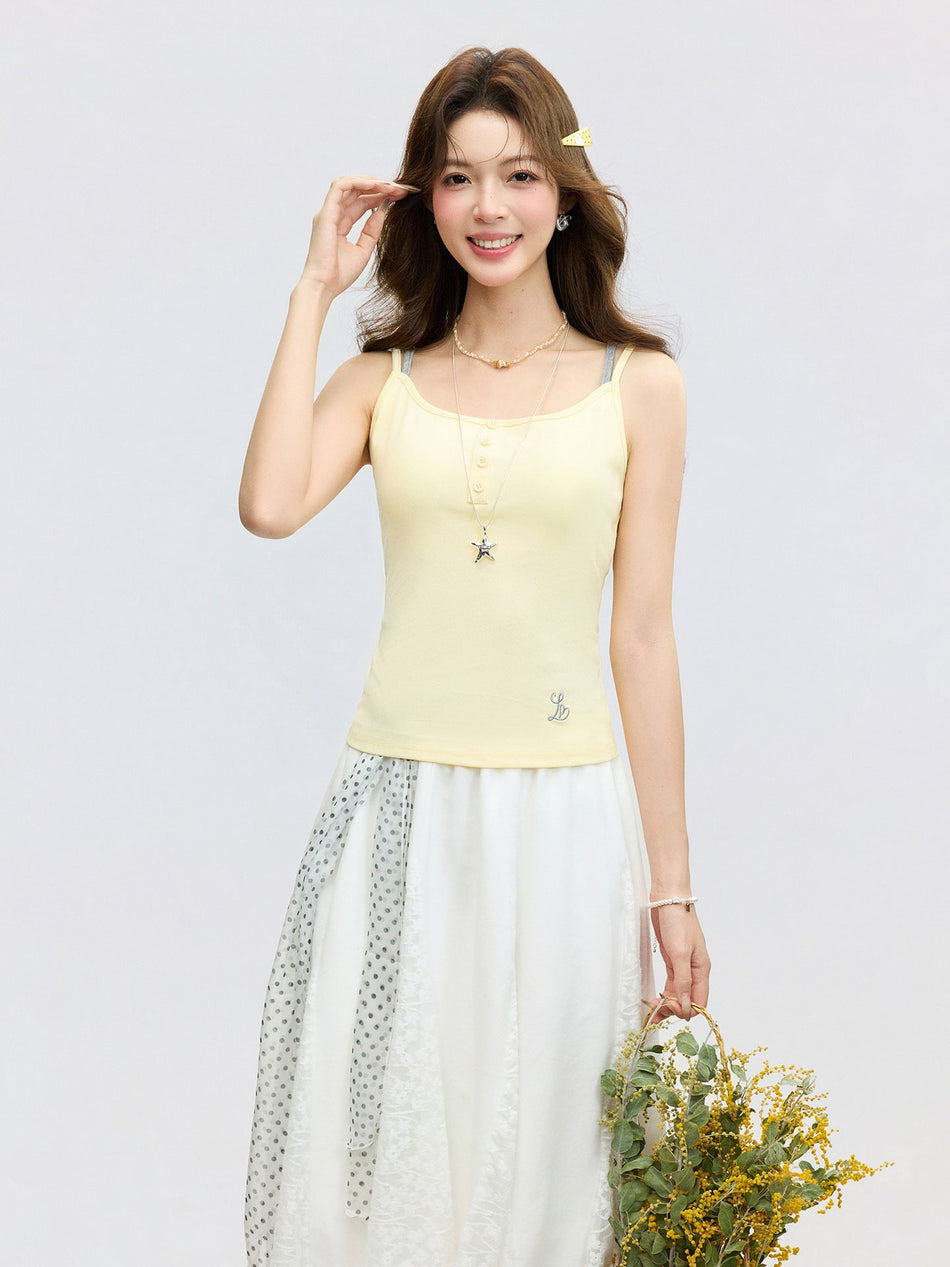 Korean Style Yellow Embroidery Camisole Top Slim Women