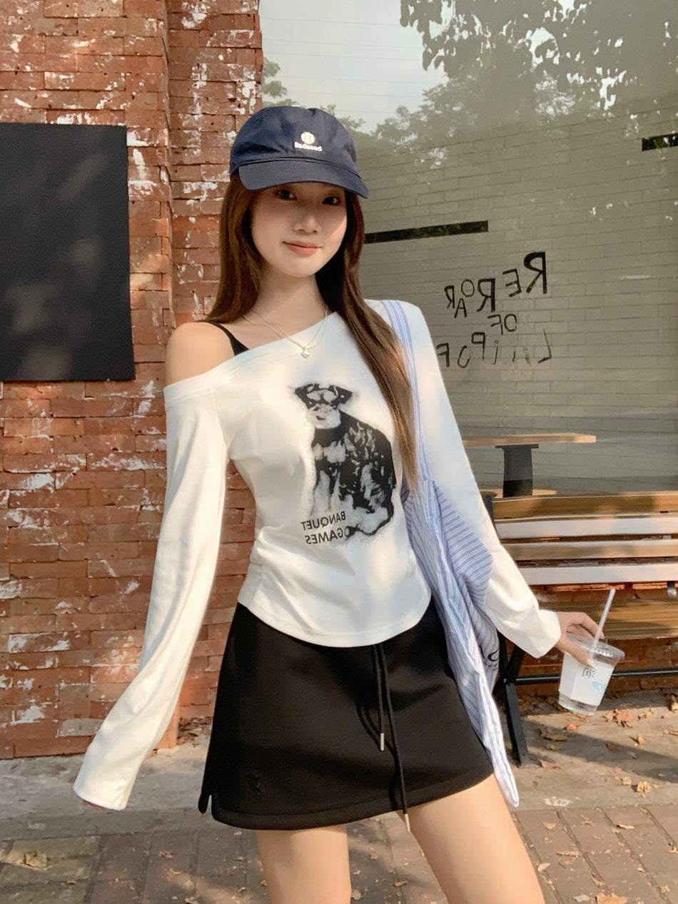 White Puppy Letter Print Off Shoulder Long Sleeve T-Shirt Women
