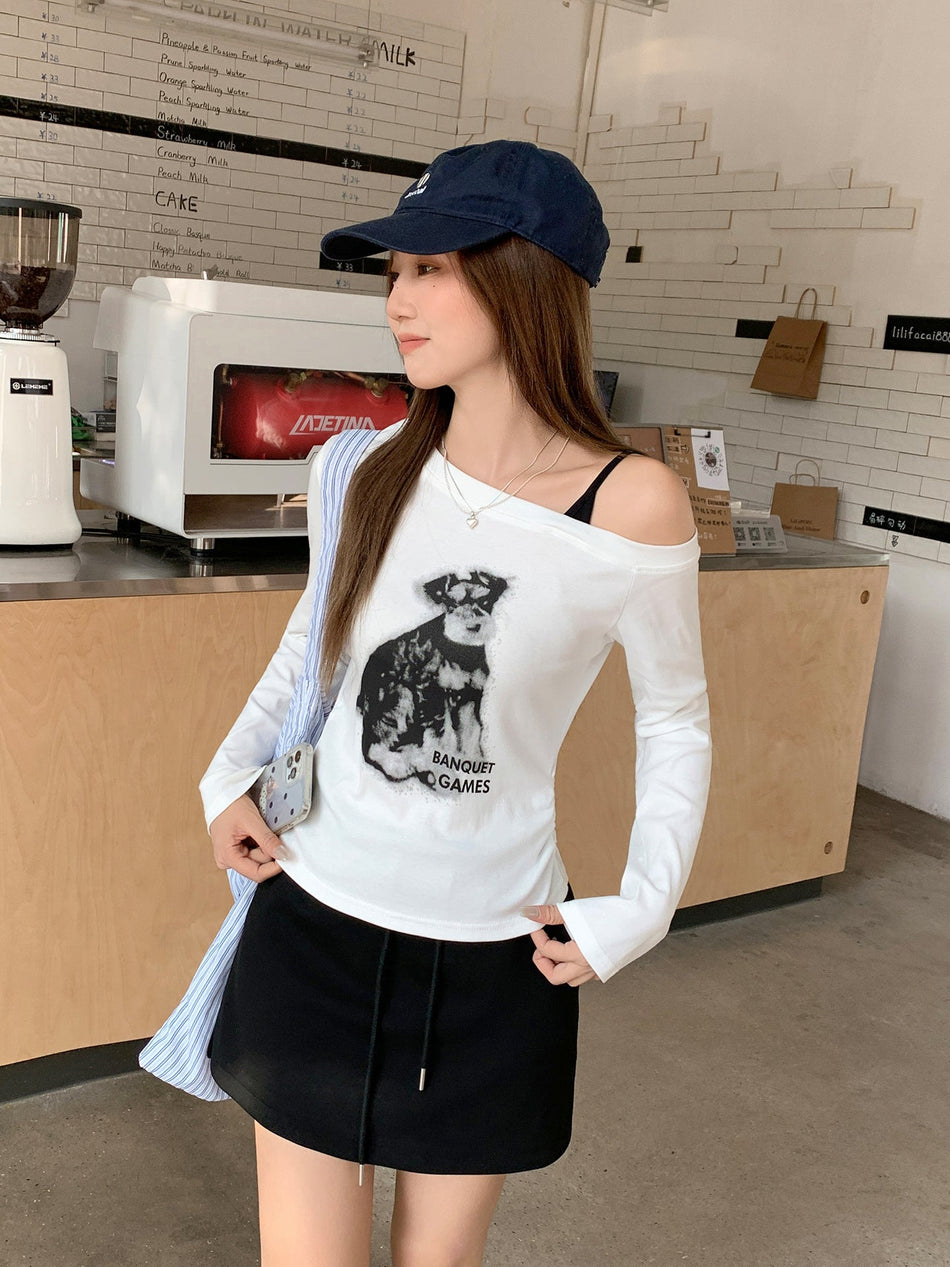 White Puppy Letter Print Off Shoulder Long Sleeve T-Shirt Women