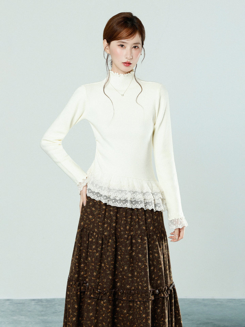 Lace Hem Thick Knit Slim Fit Undershirt Women