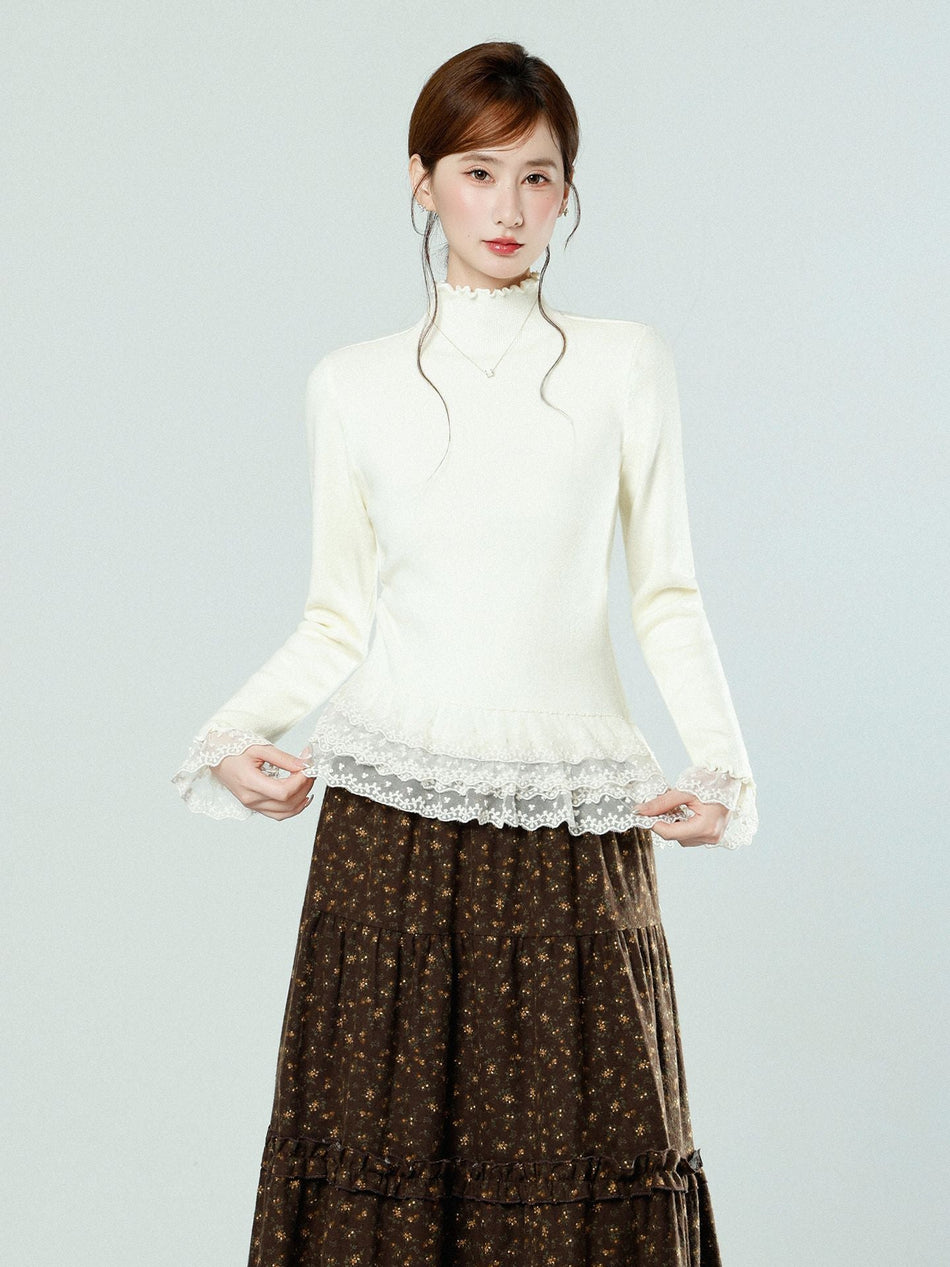 Lace Hem Thick Knit Slim Fit Undershirt Women