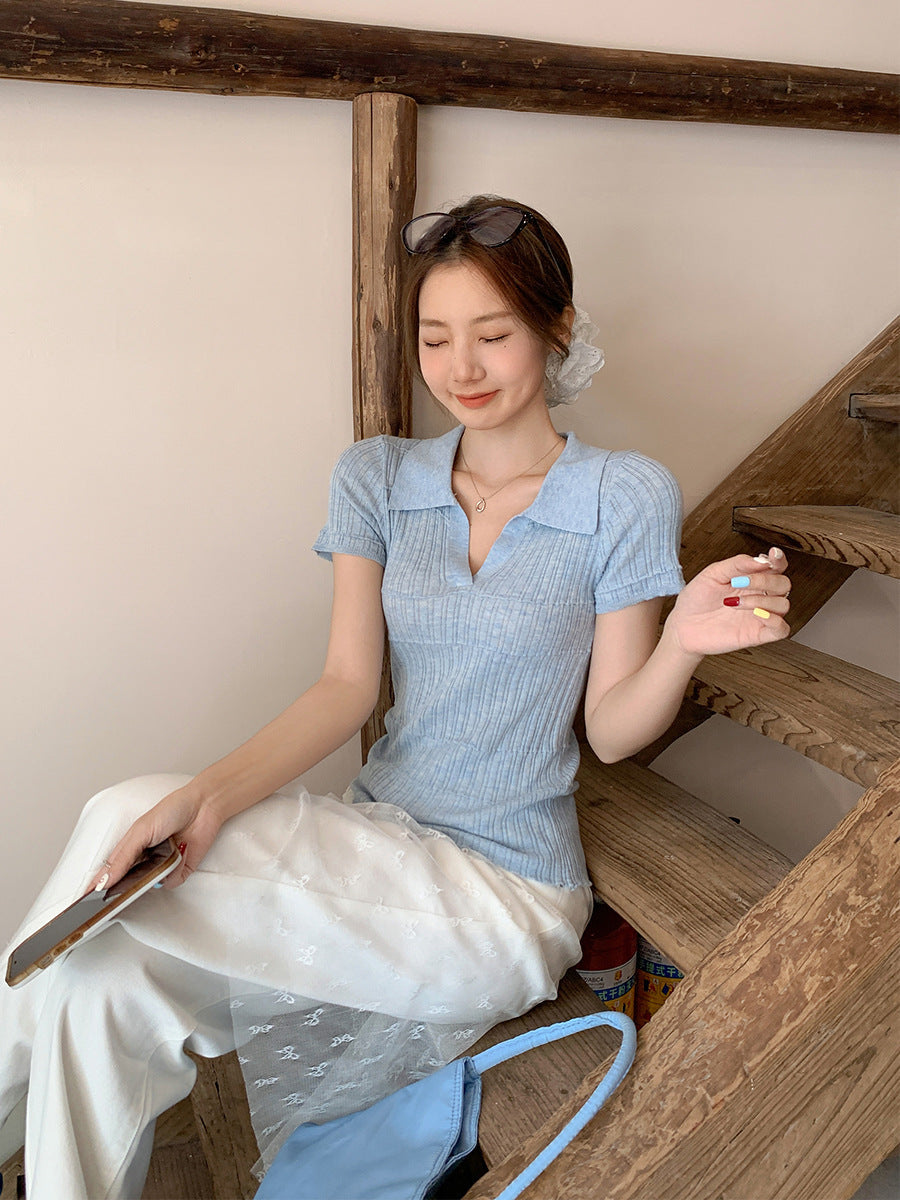 Polo Collar Right Shoulder Slim Fit Knit T-Shirt Women