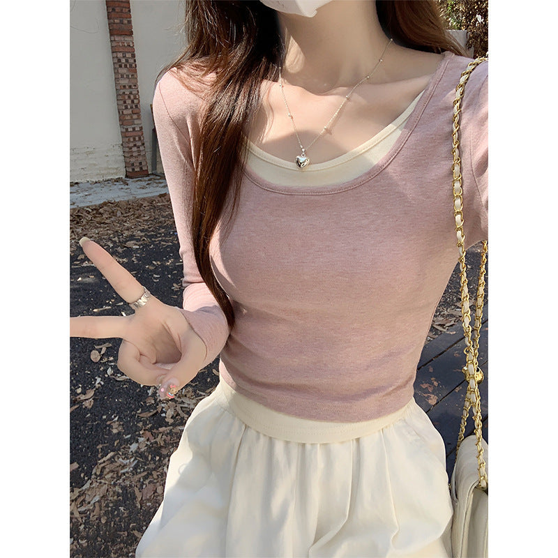 Pink U-Neck Faux Two-Piece Slim Fit Long Sleeve T-Shirt Women