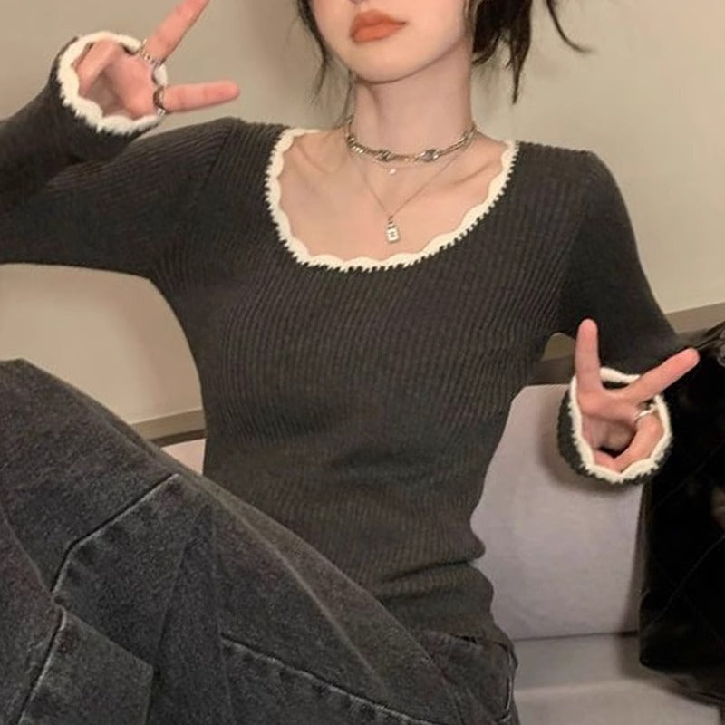 Gray Lace Knit Slim Fit Inner Top Women Autumn Winter