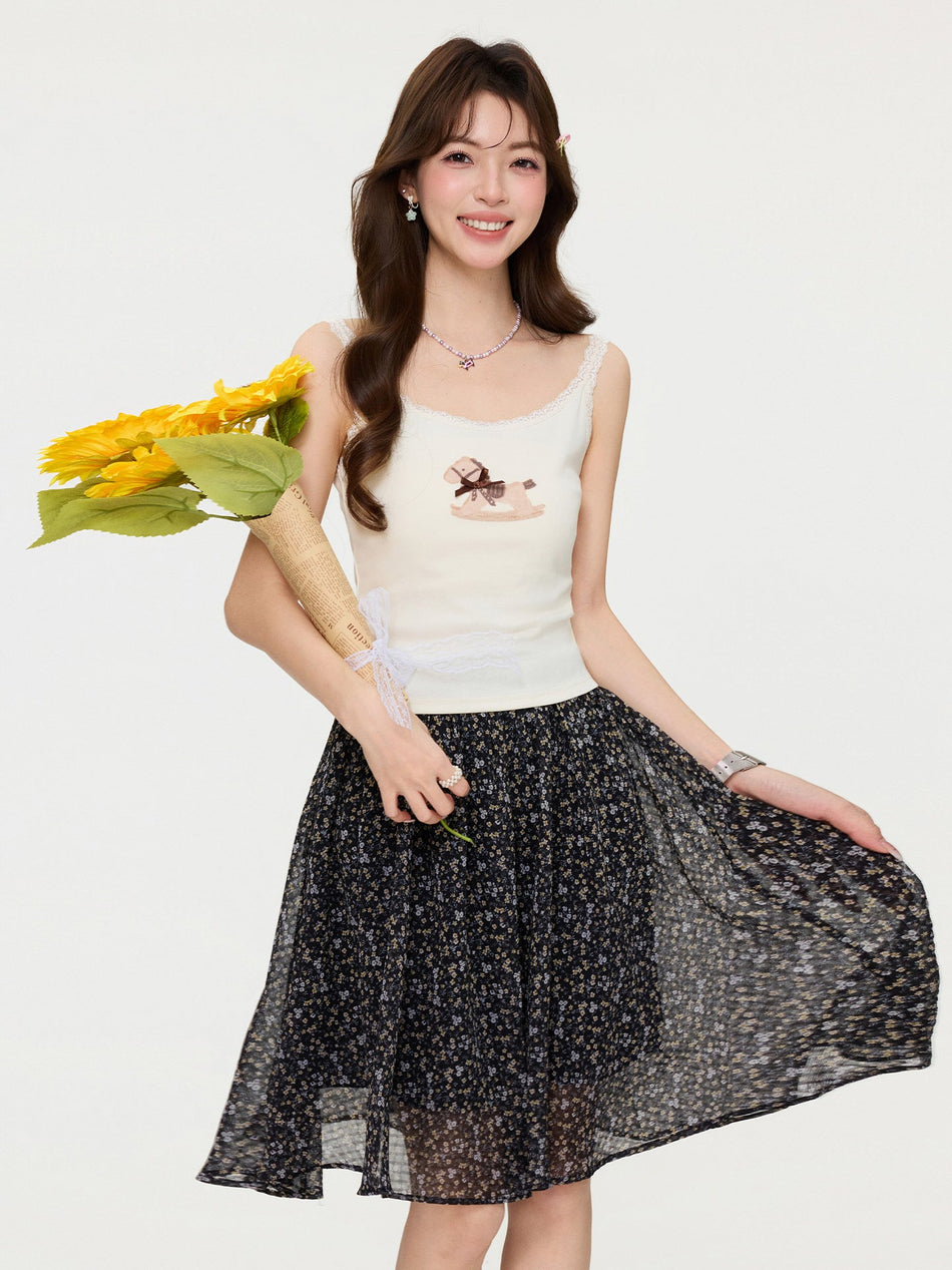 Retro Pony Bow Lace Camisole Slim Fit Top Women