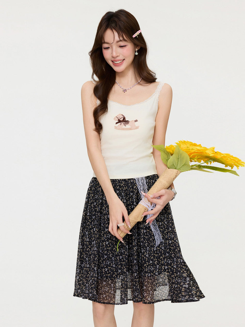 Retro Pony Bow Lace Camisole Slim Fit Top Women